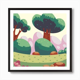 Cartoon Landscape Forest Nature Flowers Trees 1 Art Print