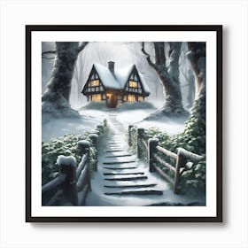 Timber Framed Woodland Cottage in the Snow Art Print