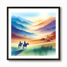 Watercolor Cowboys In The Mountains Art Print