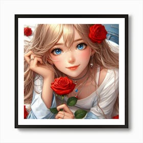 Anime Girl With Roses 2 Art Print
