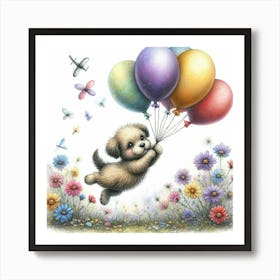 Puppy Flying With Balloons Art Print