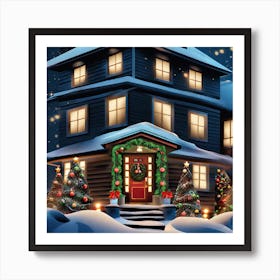 Christmas House At Night Art Print