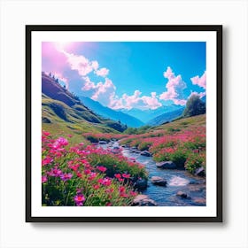 Pink Flowers In The Mountains, morning view of the river, blue sky , attracting view of AI art Art Print