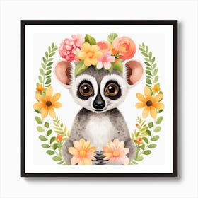 Floral Baby Lemur Nursery Illustration (5) Art Print