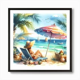 Watercolor Girl Relaxing On The Beach Art Print