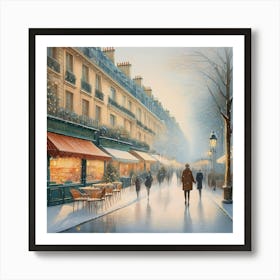 Paris cafes, winter season, Christmas, pale colors, pedestrians in the street, winter clothes, falling snow.15 Poster