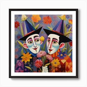 Two Clowns With Flowers Art Print