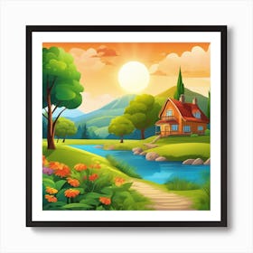 169 Photo Summer Nature Landscape Cartoon Style Detailed Trees And Vegetation Ambience Light 910560041 Art Print