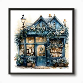 Charming Blue Cottage Shop Artwork – Floral Fairy Tale Aesthetic Illustration Art Print