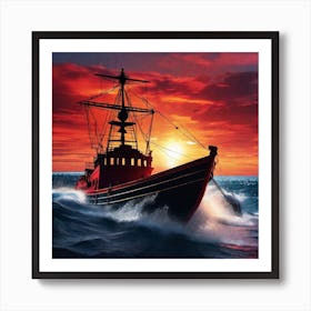 Fishing Boat At Sunset Art Print