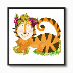 Tiger With Flower Crown Art Print