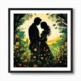 Couple In The Forest, Silhouettes Of Two People Hugging Surrounded By Elements Of Nature Flowers Trees Growing Art Print