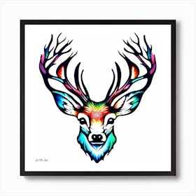 Abstract Color Minimal Head Illustration Of A Grown Deer With Magnificant Antlers 1 Art Print