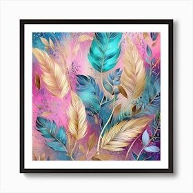 Gold And Blue Feathers Affiche