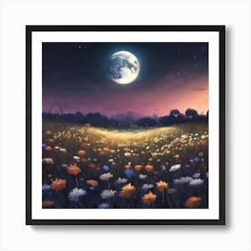 A Natural Flower Field With The Big Moonlight Fall Xl Art Print