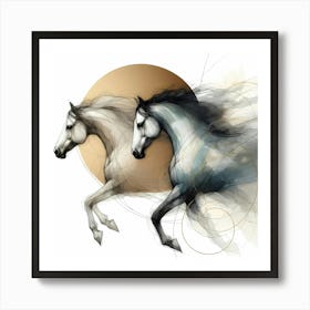 Two Horses Run Creative Ink Drawing Art Print