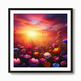 Sunset Flower Field Poster