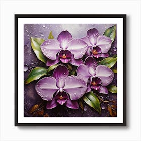 Purple orchid flower on tropical leaves in dew drops 1 Art Print