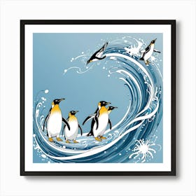 Penguins In The Sea, White, Black, Yellow And Blue Art Print