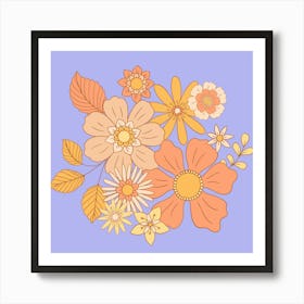 Retro Flowers Orange And Purple Art Print