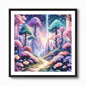 A Fantasy Forest With Twinkling Stars In Pastel Tone Square Composition 147 Art Print