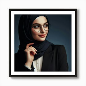 A portrait of a young woman wearing a black hijab and glasses Art Print