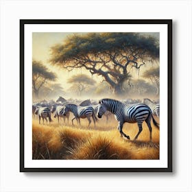 An Oil Painting Of A Herd Of Zebras In The Savanna.AI 1 Art Print