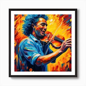 A vibrant and expressive close-up portrait of a musician passionately playing their instrument, capturing the energy and emotion of a live performance. This dynamic and visually engaging portrait can appeal to music enthusiasts, bringing a sense of rhythm and creativity to home decor Art Print