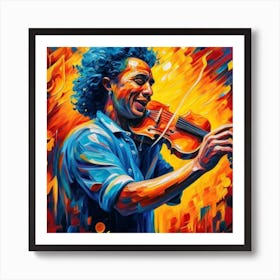 A vibrant and expressive close-up portrait of a musician passionately playing their instrument, capturing the energy and emotion of a live performance. This dynamic and visually engaging portrait can appeal to music enthusiasts, bringing a sense of rhythm and creativity to home decor Affiche