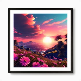 Pink Flowers In A Field Art Print