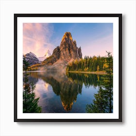 Scenery of sunburst lake and mount Assiniboine reflections between pine tree at sunrise, Sunrise At Mt Art Print