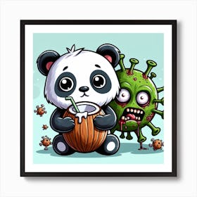 Cartoon Panda Holding A Coconut Art Print