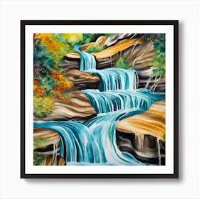 Waterfall- Beautiful waterfall at the mountain with blue sky and white cumulus clouds. Waterfall in tropical green tree forest. Waterfall is flowing in jungle. Nature abstract background. Art Print