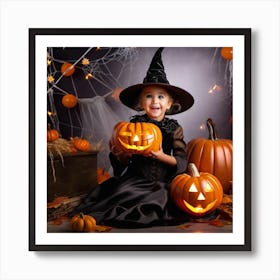 Little Witch With Pumpkins Art Print