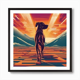 An Image Of A Dog Walking Through An Orange And Yellow Colored Landscape, In The Style Of Dark Teal Art Print