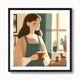 Woman Chill in the Kitchen Holding A Cup Of Coffee and Apron Poster