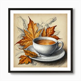 Autumn Leaves And Cup Of Tea Art Print