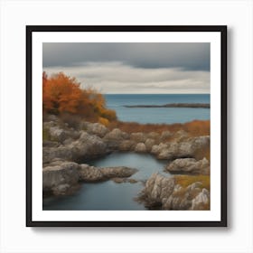 Rocky Shore With Autumn Foliage Art Print