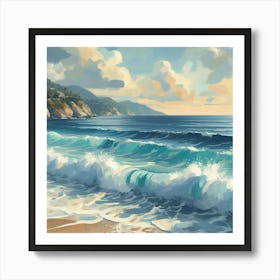 Beach And Waves, Acrylic Painting Style Art Print