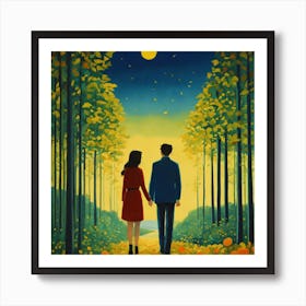 Couple Walking In The Forest Art Print