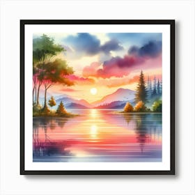 Sunset Landscape Watercolor Painting Art Print