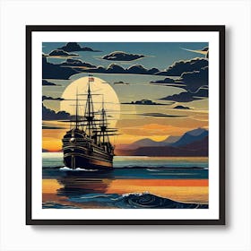 Sailing Ship At Sunset 5 Art Print