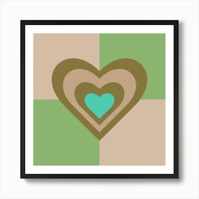 LOVE HEARTS CHECKERBOARD Single Retro Alt Valentines in Olive Sand Turquoise on Cream Green Geometric Grid Art Print