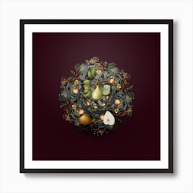 Vintage Pear Fruit Wreath on Wine Red n.2280 Art Print