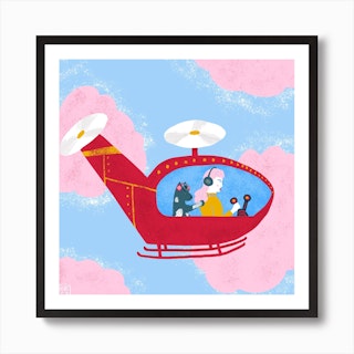 Girl And Dog Flying A Helicopter Square Art Print