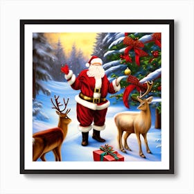 Santa And Reindeer Art Print