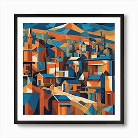 Bustling Wild West Town Cubism Style Art Print