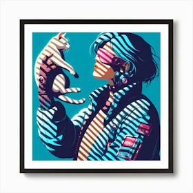 Neon Girl With Cat 1 Art Print