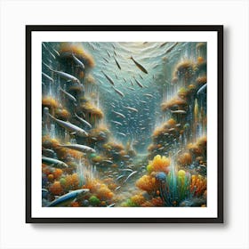Sardines Swimming In A Surreal Underwater Garden, Style Digital Impressionism 2 Art Print