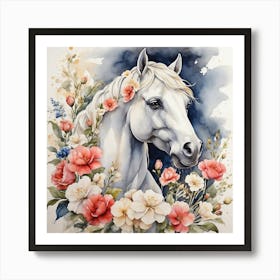 White Horse With Flowers 1 Art Print